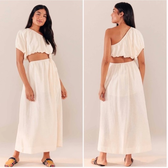 Farm Rio Linen Blend One Shoulder Cutout Maxi Dress in Off White Size S - Picture 1 of 11